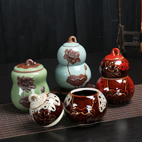 创意葫芦茶叶罐密封罐 定窑茶叶罐子中式陶瓷储物罐德化茶具批发